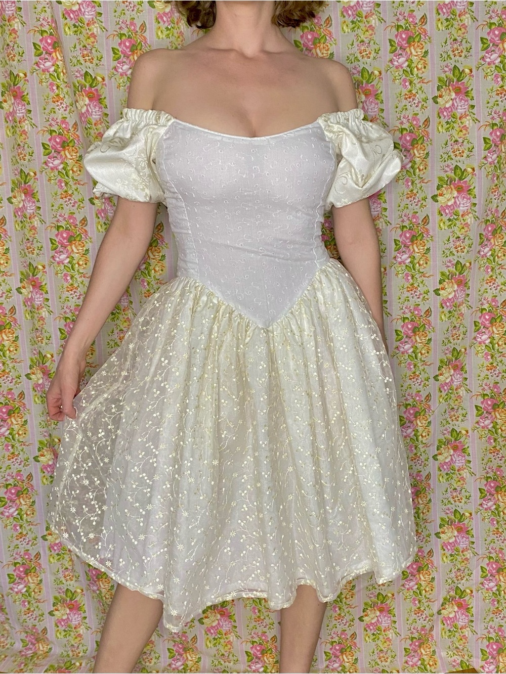 Ivory Off-Shoulder Puff Sleeve Party Dress
